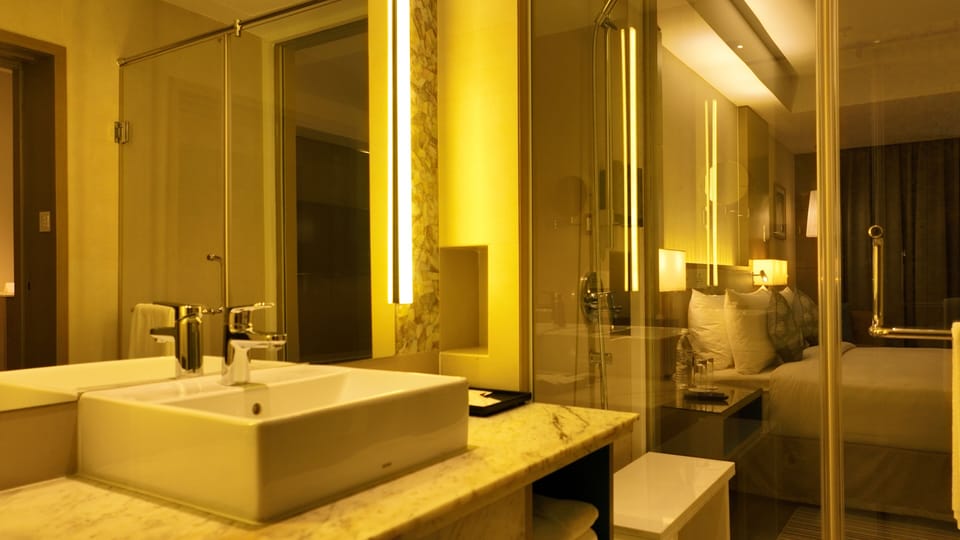 Shower, hair dryer, slippers, towels