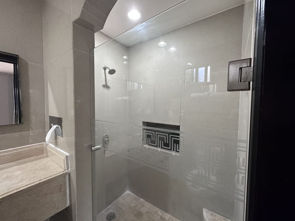 Shower, free toiletries, hair dryer, towels