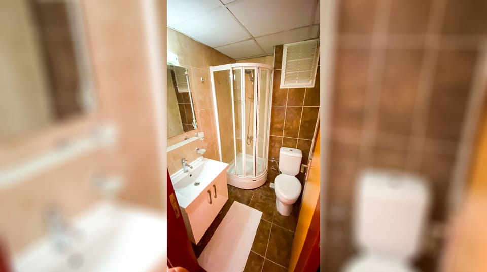 Shower, hydromassage showerhead, free toiletries, hair dryer