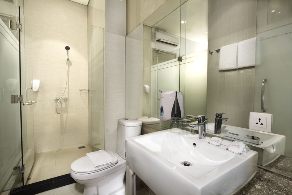 Shower, free toiletries, hair dryer, slippers