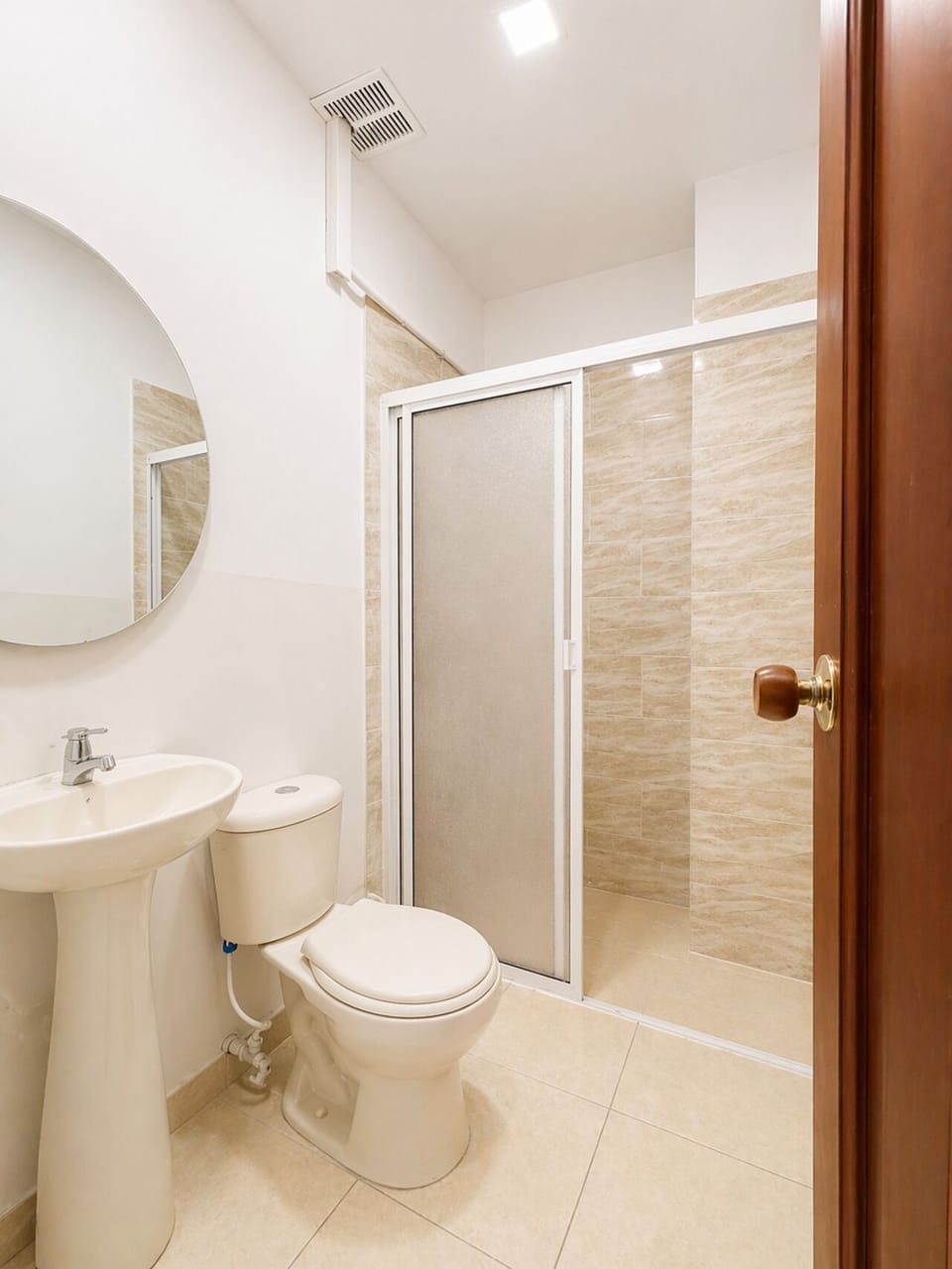 Shower, rainfall showerhead, towels, soap