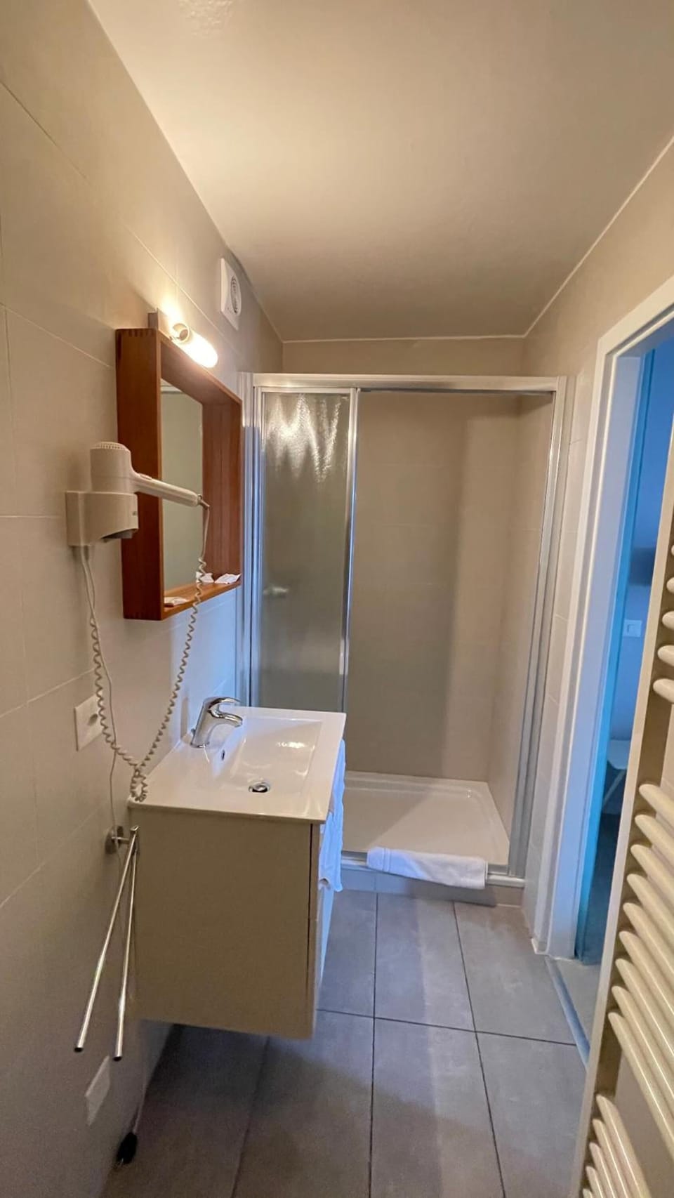 Shower, hair dryer, towels