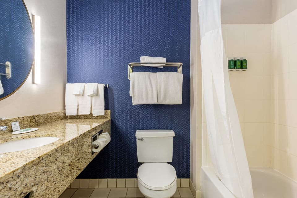 Combined shower/tub, free toiletries, hair dryer, towels