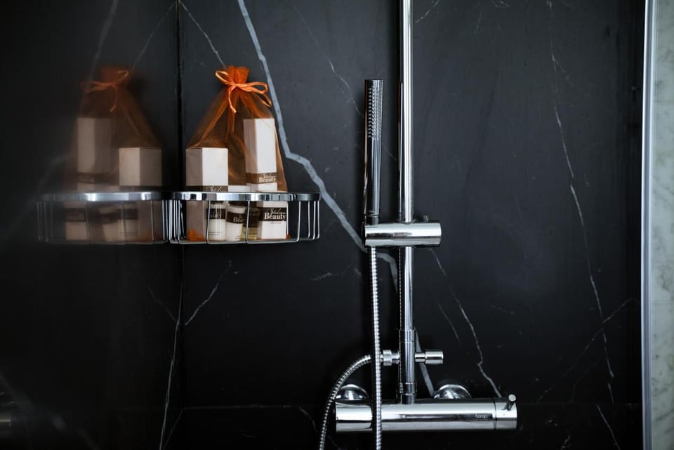 Combined shower/tub, hair dryer, towels
