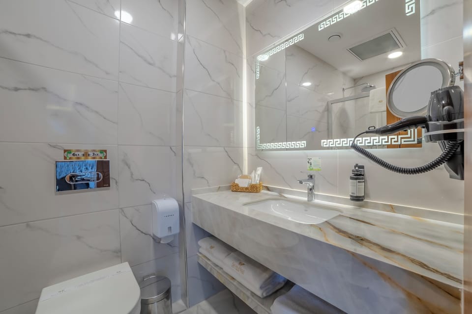 Shower, hydromassage showerhead, designer toiletries, hair dryer