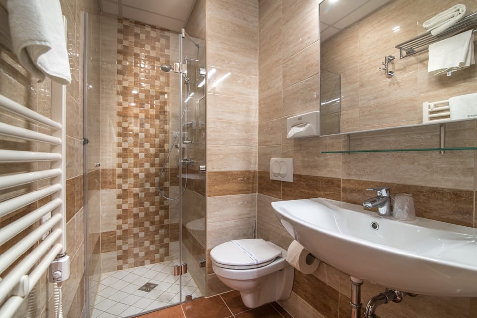 Shower, hair dryer, bathrobes, towels