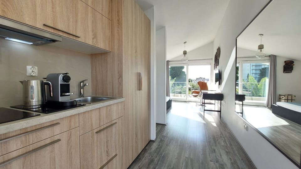 Premium Double Room, Balcony, Partial Sea View | Private kitchenette | Full-size fridge, stovetop, electric kettle, cookware/dishes/utensils