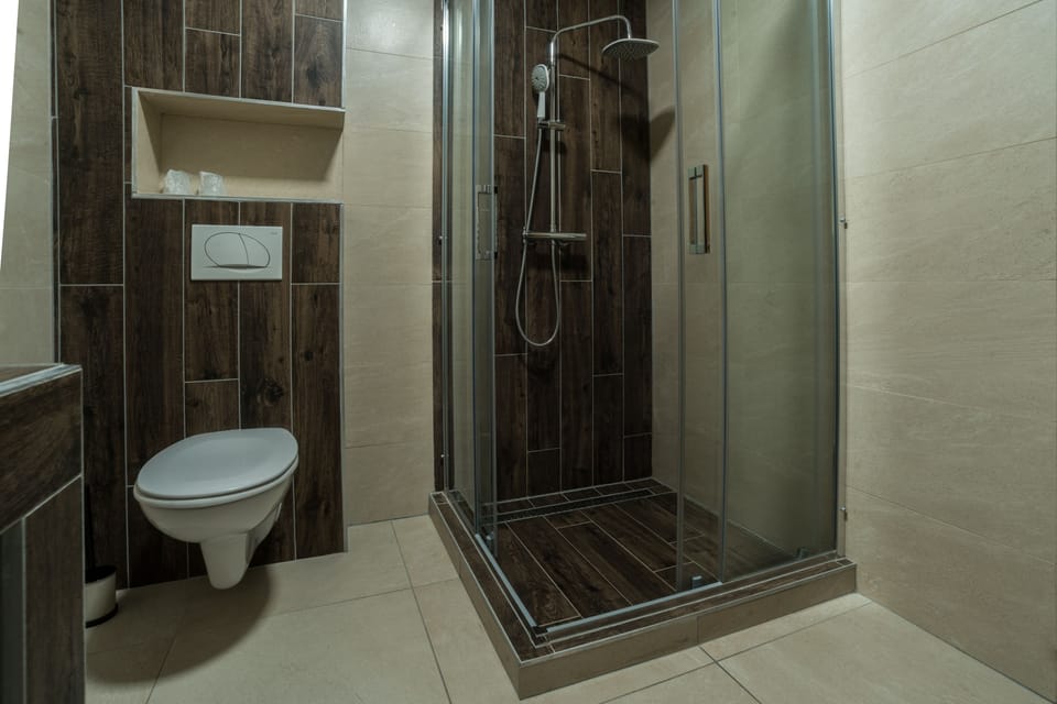 Shower, free toiletries, hair dryer, towels