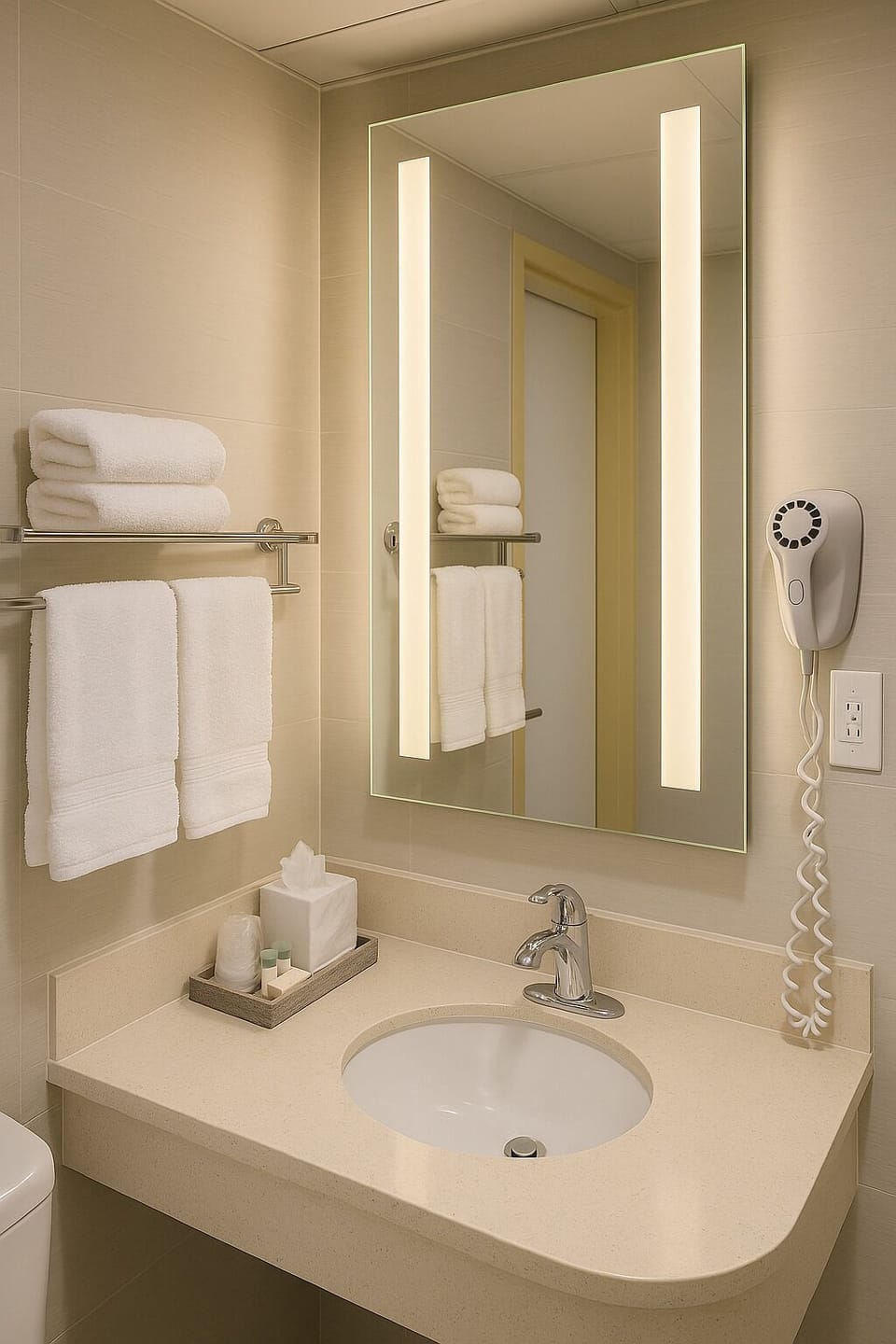 Shower, free toiletries, hair dryer, towels