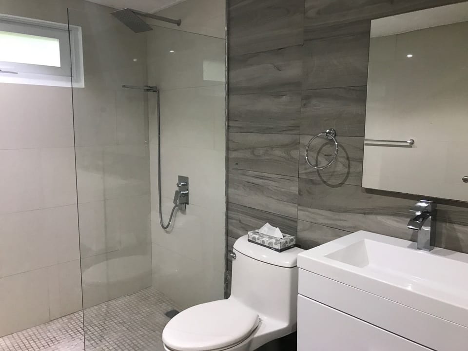 Shower, rainfall showerhead, free toiletries, hair dryer (on request)