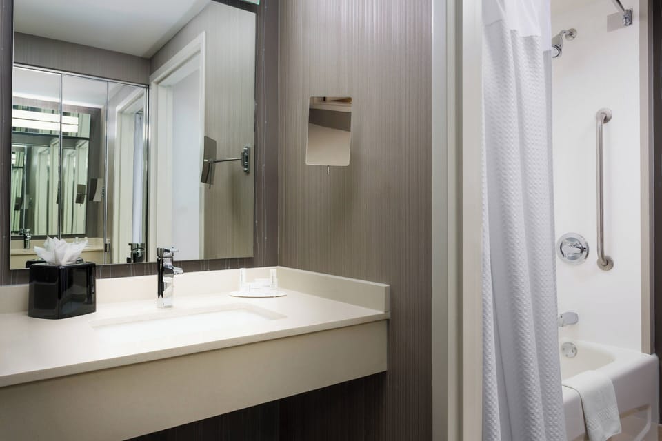 Combined shower/tub, free toiletries, hair dryer, towels