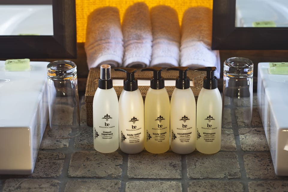 Shower, rainfall showerhead, designer toiletries, bathrobes