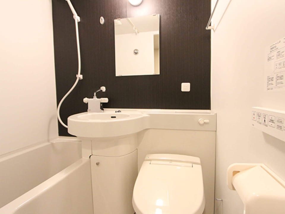 Combined shower/tub, free toiletries, hair dryer, slippers