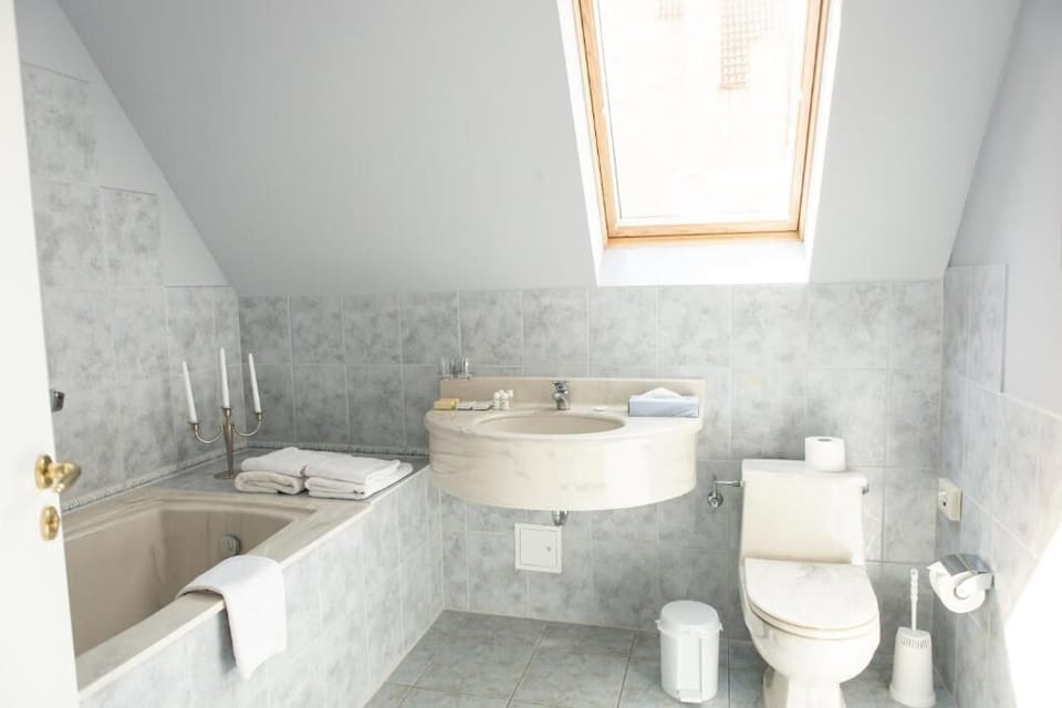 Combined shower/tub, free toiletries, hair dryer, towels