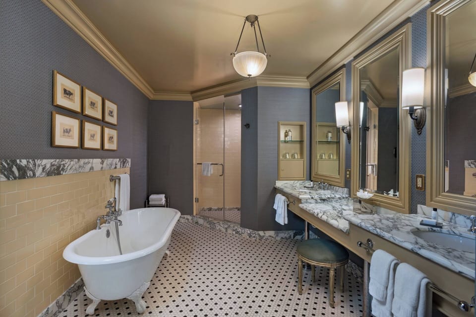 Designer toiletries, hair dryer, bathrobes, towels
