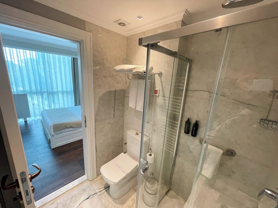 Shower, hydromassage showerhead, free toiletries, hair dryer