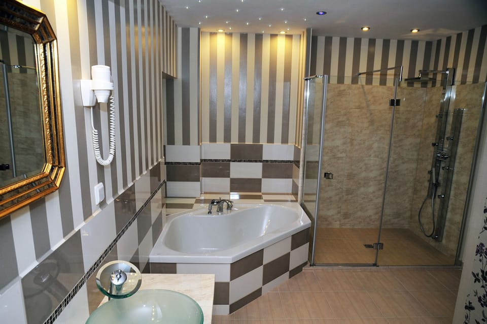 Suite | Bathroom | Shower, hair dryer, towels