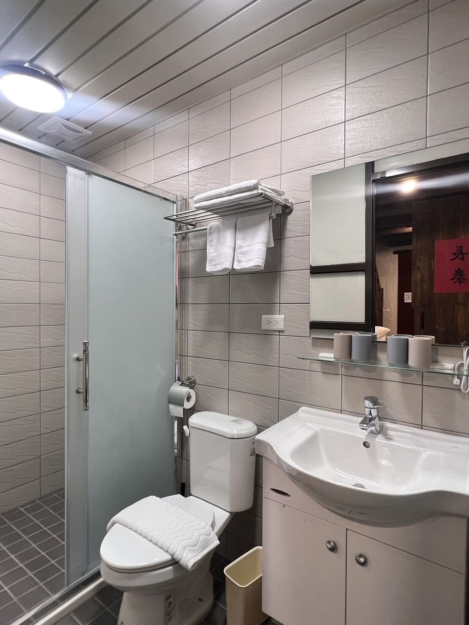 Shower, hydromassage showerhead, designer toiletries, hair dryer