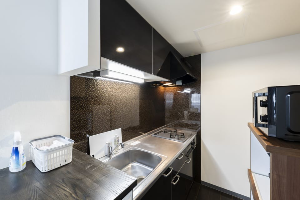 Full-size fridge, microwave, stovetop, toaster