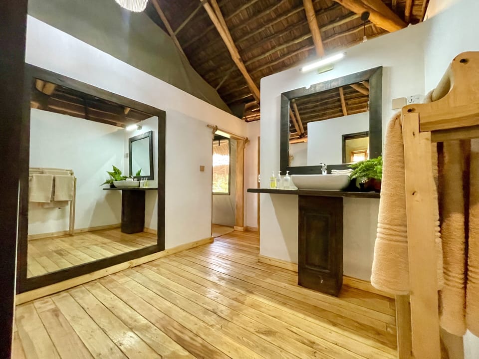 Shower, rainfall showerhead, free toiletries, hair dryer