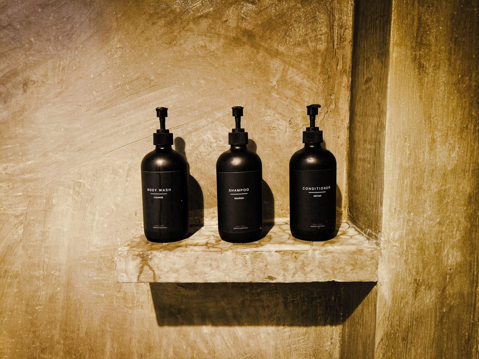 Shower, designer toiletries, bidet, soap