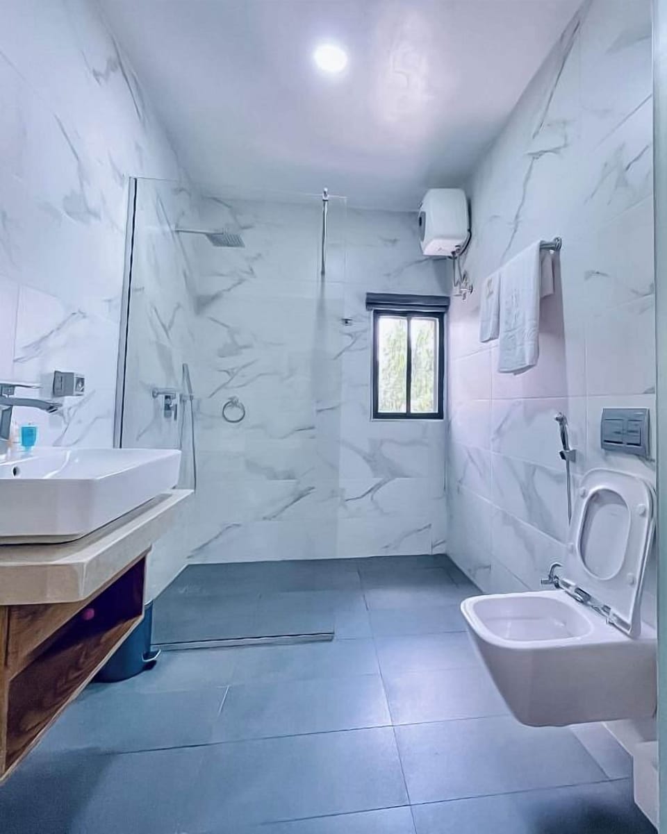 Deluxe Room | Bathroom | Shower, hydromassage showerhead, designer toiletries, bathrobes