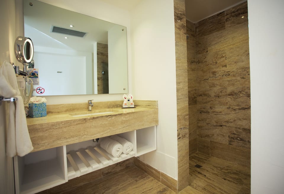 Shower, eco-friendly toiletries, hair dryer, towels