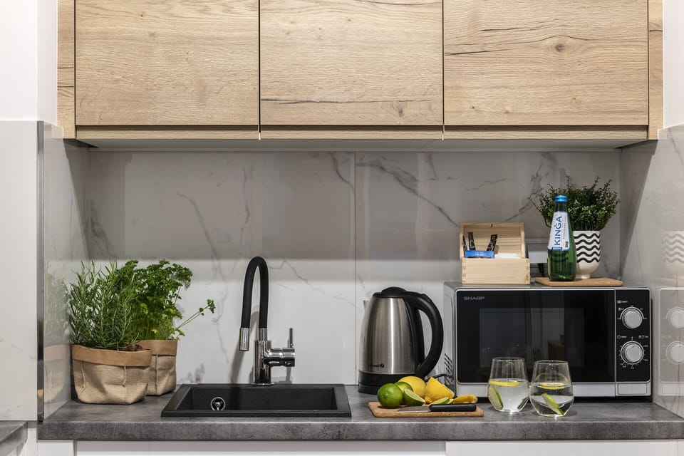Comfort Apartment | Private kitchen | Full-size fridge, microwave, oven, stovetop