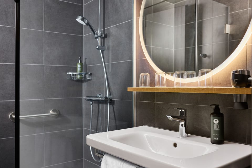 Shower, hair dryer, towels