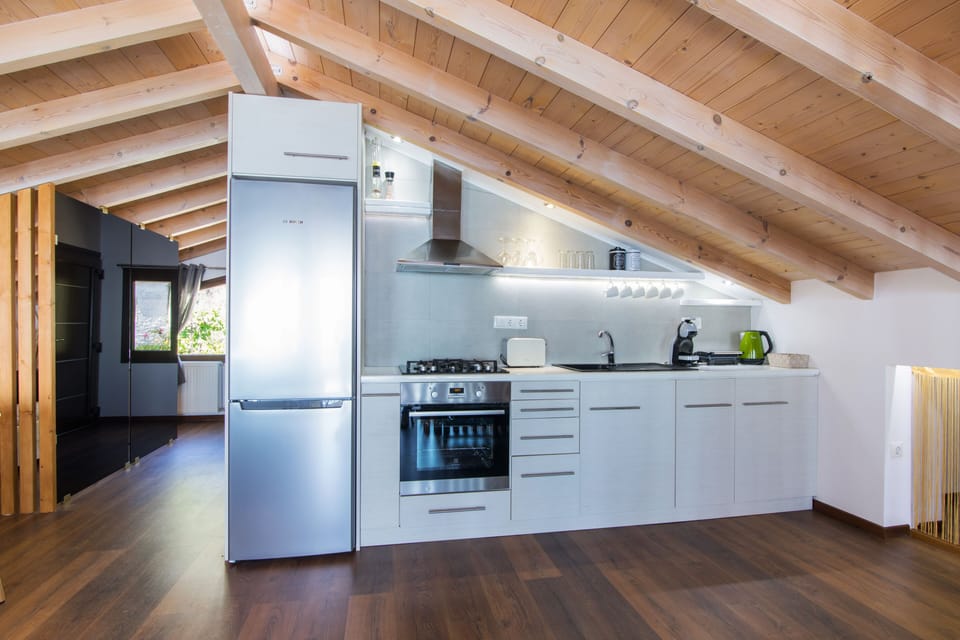 Deluxe Loft | Private kitchen | Full-size fridge, stovetop, electric kettle, toaster