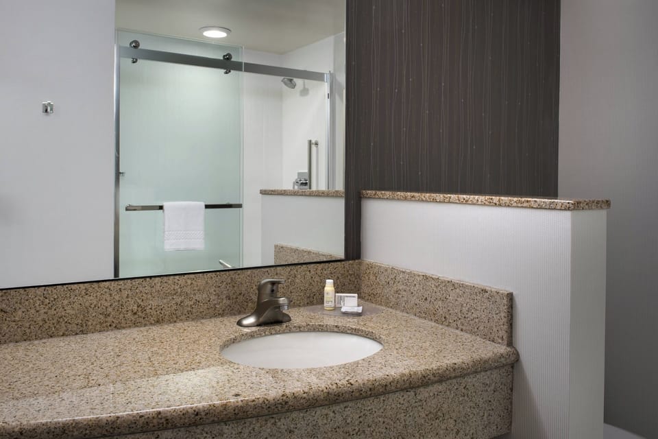 Combined shower/tub, free toiletries, hair dryer, towels