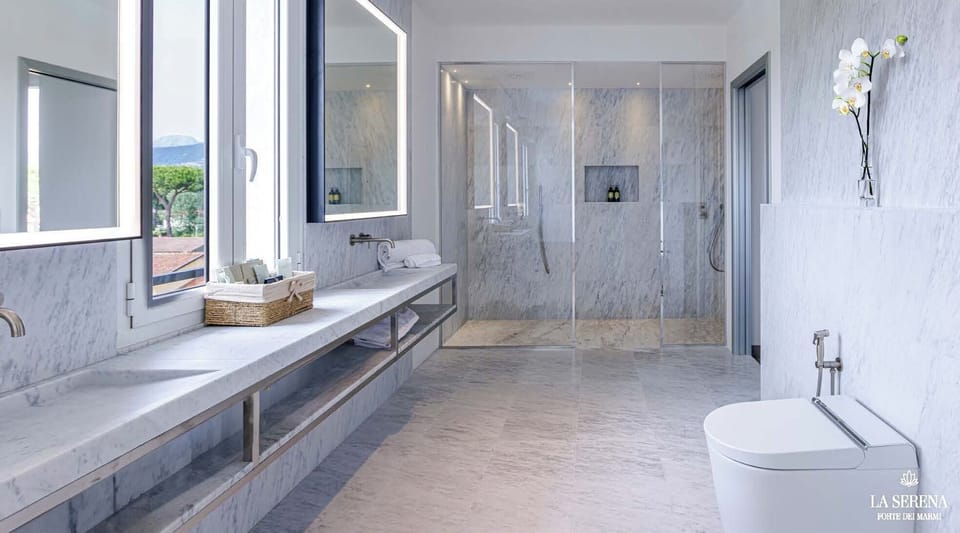 Spa Suite | Bathroom | Shower, rainfall showerhead, designer toiletries, hair dryer