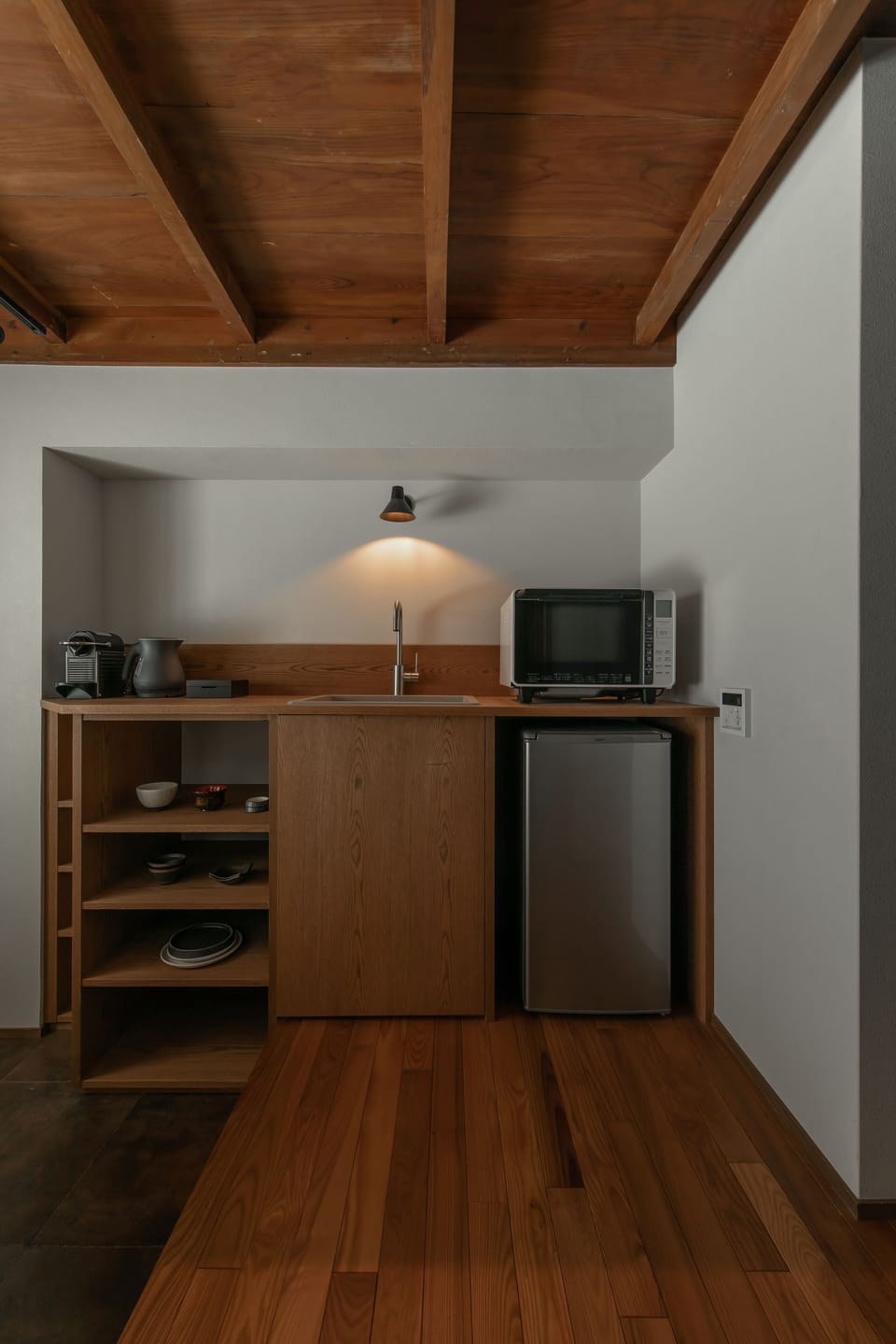 Full-size fridge, microwave, oven, espresso maker