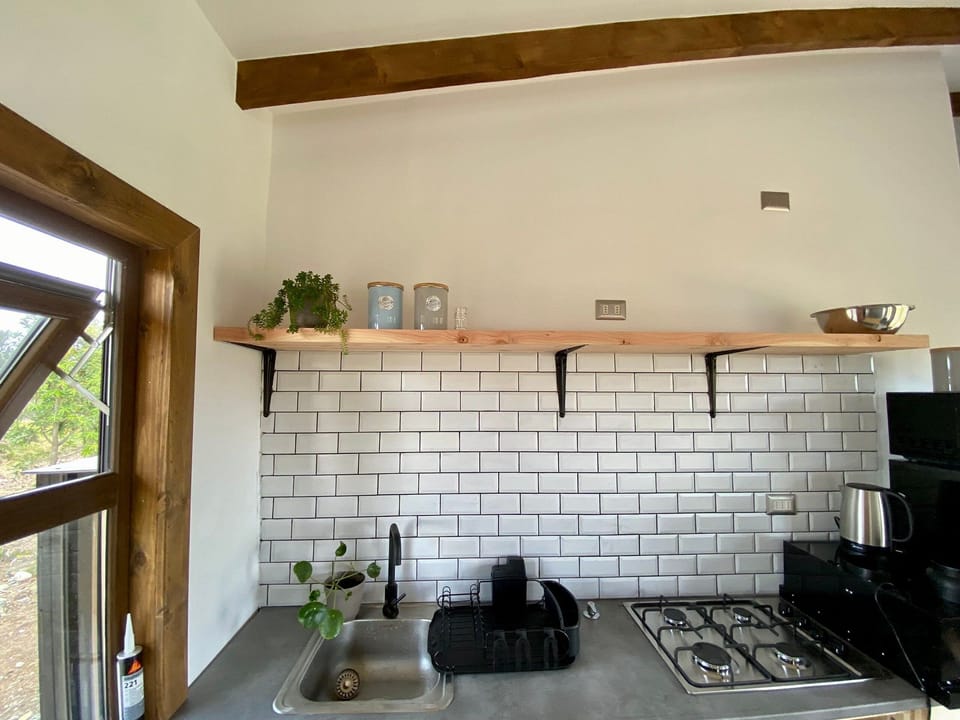 Cabin | Private kitchen | Full-size fridge, microwave, oven, stovetop