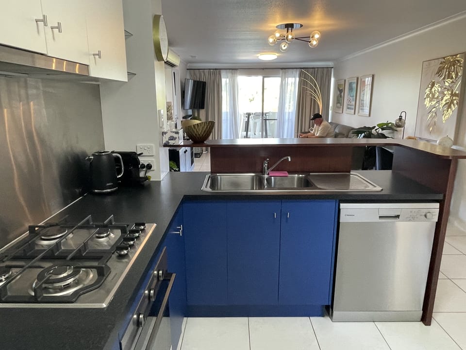 Full-size fridge, microwave, oven, dishwasher
