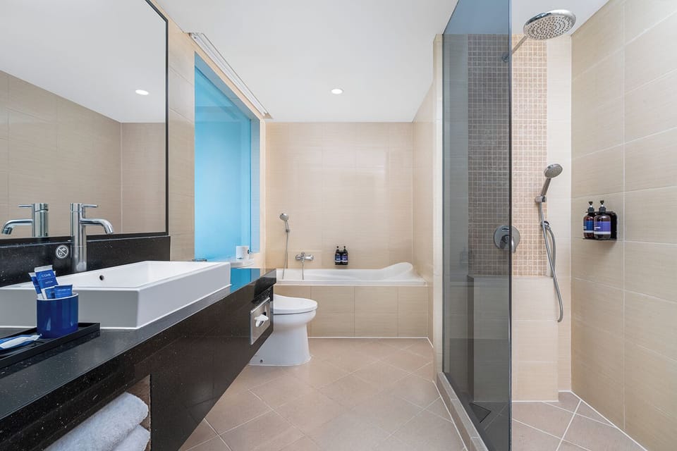Executive Suite | Bathroom | Shower, free toiletries, hair dryer, slippers