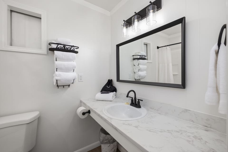 Combined shower/tub, hair dryer, towels, soap