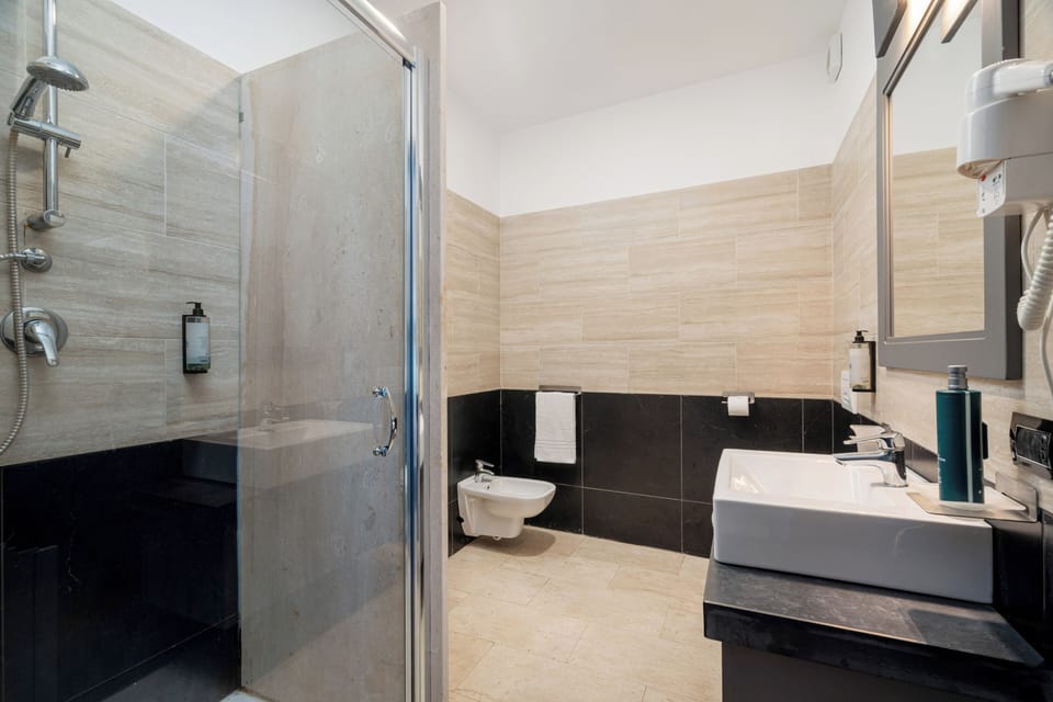 Shower, free toiletries, hair dryer, towels