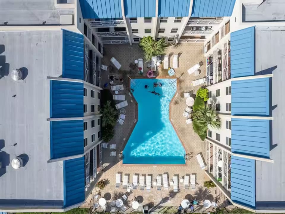 Resort-style pool oasis with loungers, palms & sunshine—perfect for relaxing just steps from your door.