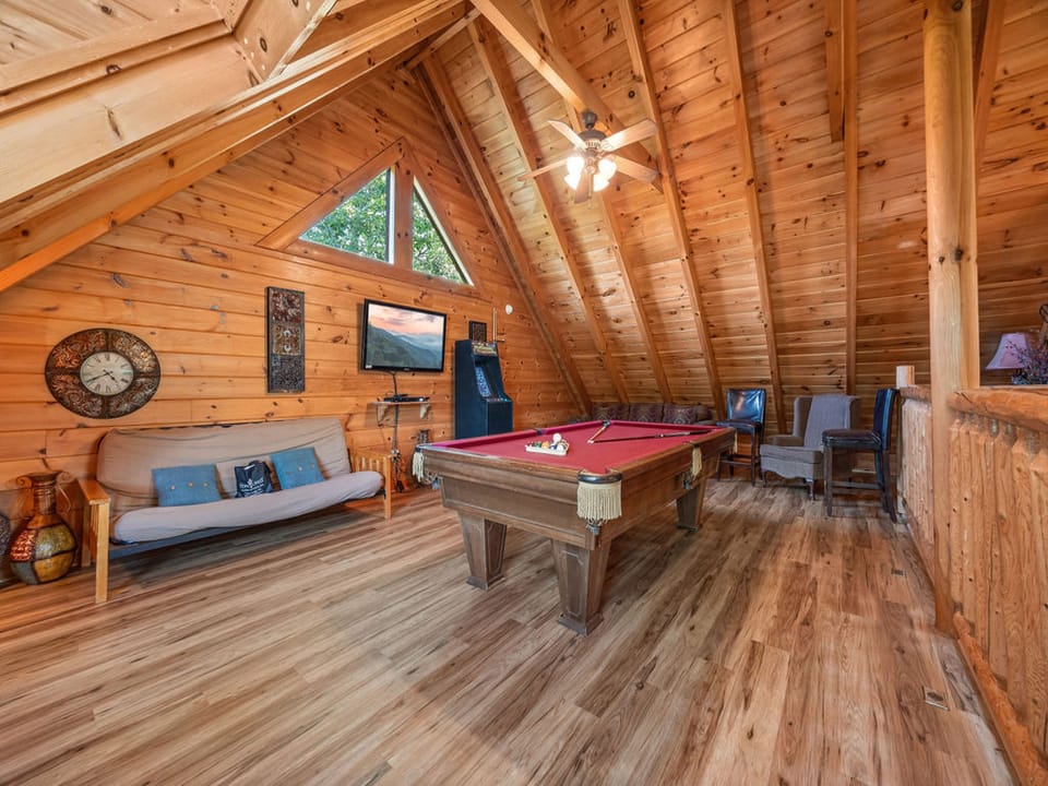 Game Room with Pool Table, Multicade, and Air Hockey