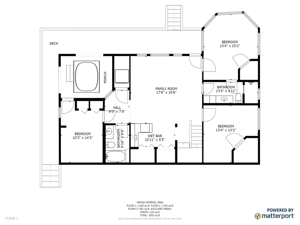 Floor plan of a house's first level featuring a deck, porch, family room, wet bar, hall, bathroom, and three bedrooms. Dimensions are listed for each room. Powered by Matterport.
