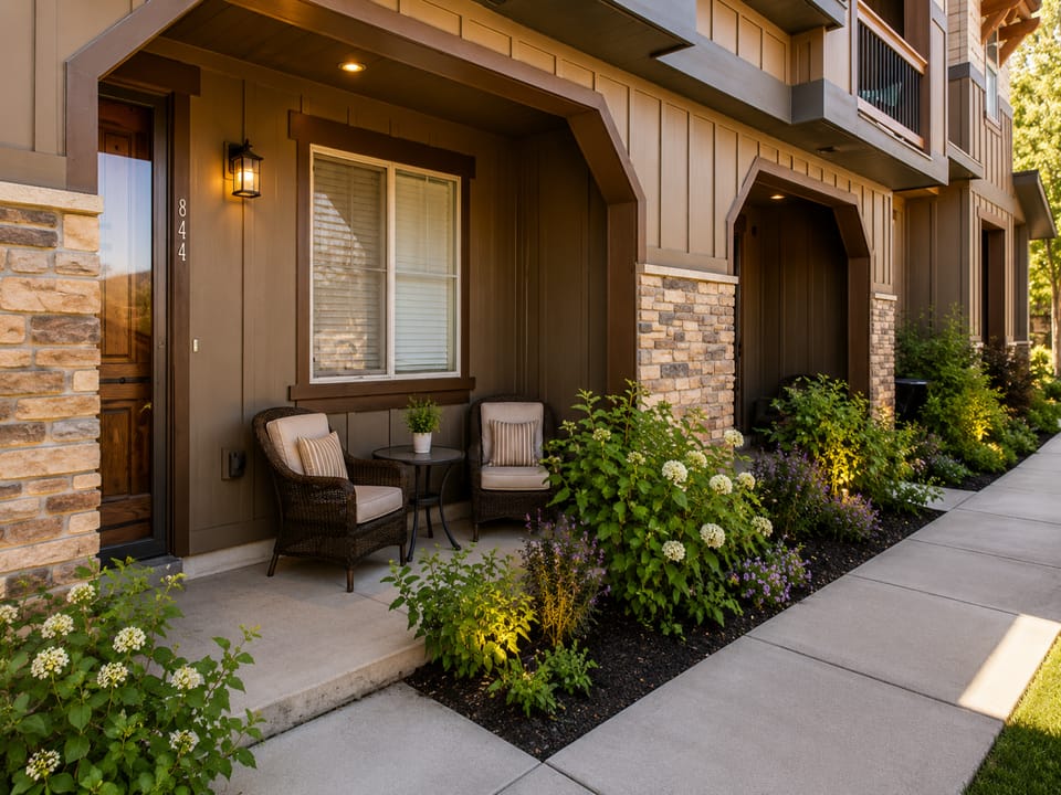 A welcoming front patio features cozy wicker seating surrounded by vibrant garden beds with blooming flowers and greenery, creating an inviting outdoor retreat at your doorstep.