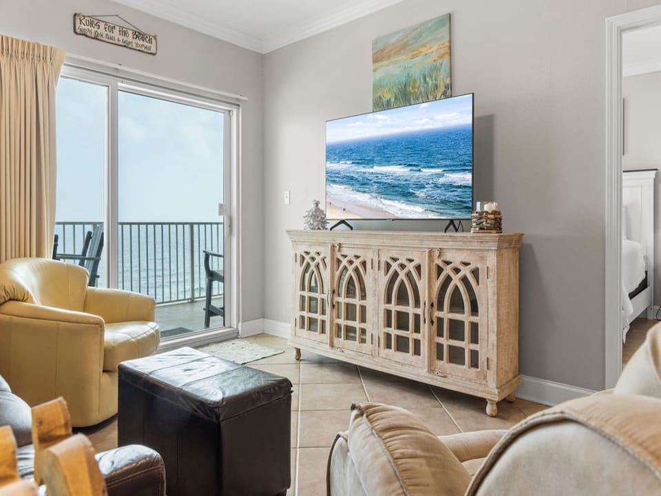 Relax and unwind in this cozy living area while enjoying gorgeous beach front views of the Gulf. Book now and make this your next vacation destination!