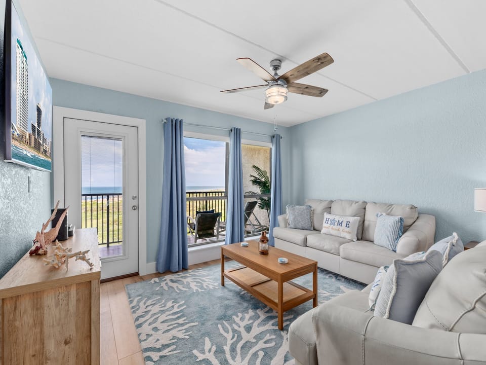 Living area with a beautiful view towards the beach