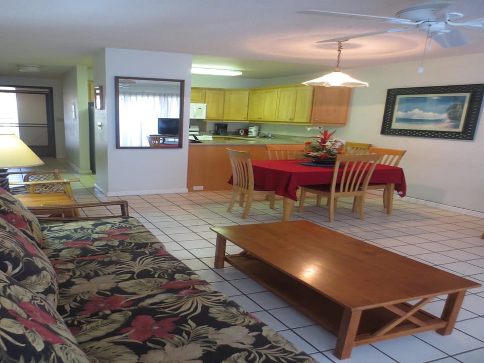 Living room, dining and kitchen