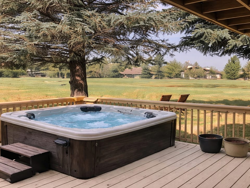 Soak in your private hot tub on the deck while gazing out at the serene golf course and towering pines beyond your retreat.