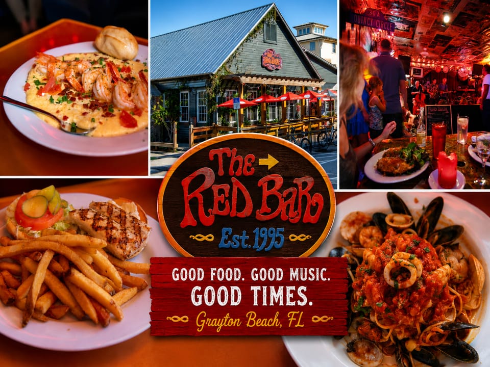 The Red Bar restaurant in Grayton Beach offers fresh seafood, craft cocktails, and live music—an iconic dining and nightlife destination in the area since 1995.