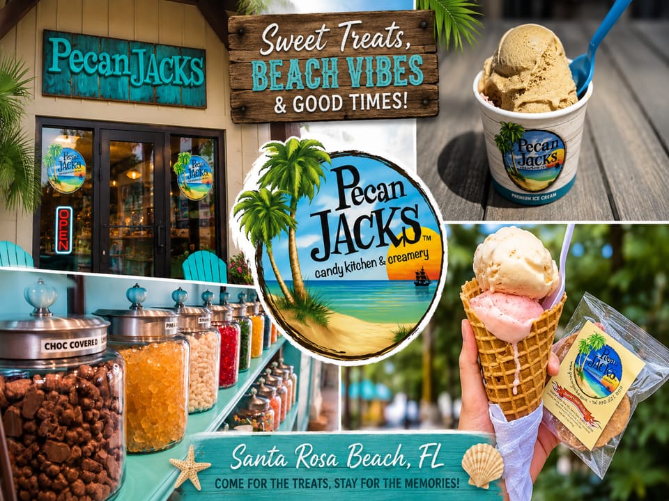 Santa Rosa Beach's charming candy kitchen and creamery promises sweet treats and beach vibes in a colorful, palm-shaded setting just steps from the coast.