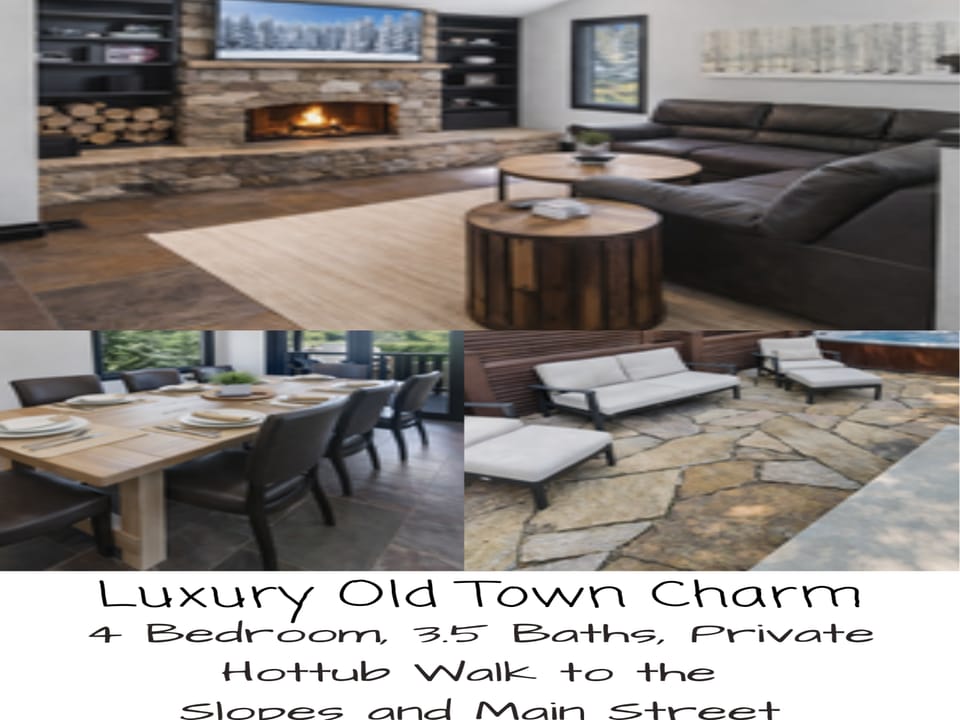 Cozy living room with a crackling stone fireplace, plush sectional sofa, and elegant wood coffee tables—your perfect mountain retreat awaits.