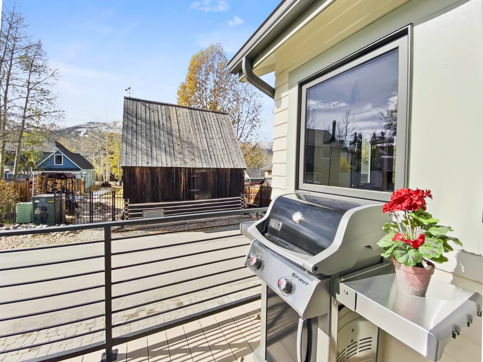 A patio with a gas grill and red flowers on a modern house, overlooking a wooden shed, houses, and a tree-lined street under a clear sky.